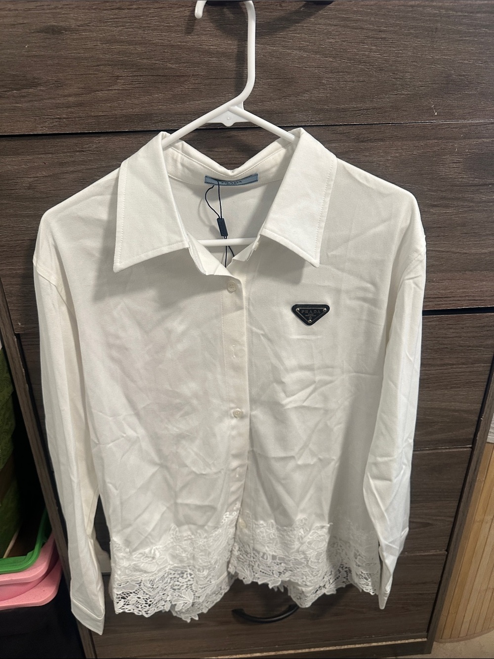 White Long-Sleeve Button-Up Shirt with Lace Hem size M